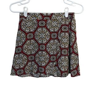 H.I.P. Mini Flared Skirt Elastic Waist Geometric Floral Print Red Multi Size XS